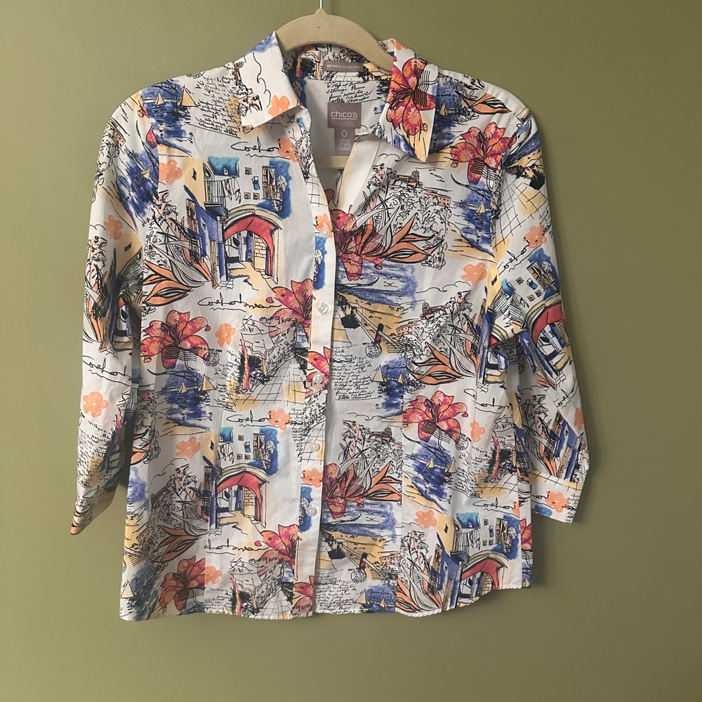 Chicos Wrinkle Resistant Button Down‎ Top Sz 0 Small Floral Sailboat Nautical